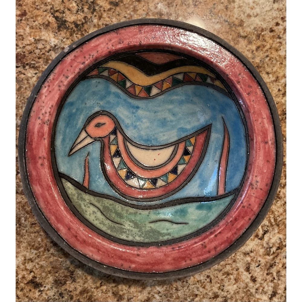 Xochiquetzal Mexico Pottery Bowl Etched Bird Multicolor Textured Handmade Signed